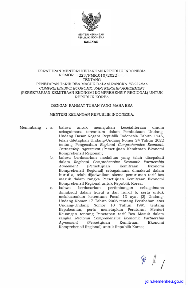 Peraturan Menteri Keuangan Nomor 223/PMK.010/2022