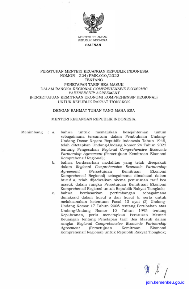 Peraturan Menteri Keuangan Nomor 224/PMK.010/2022
