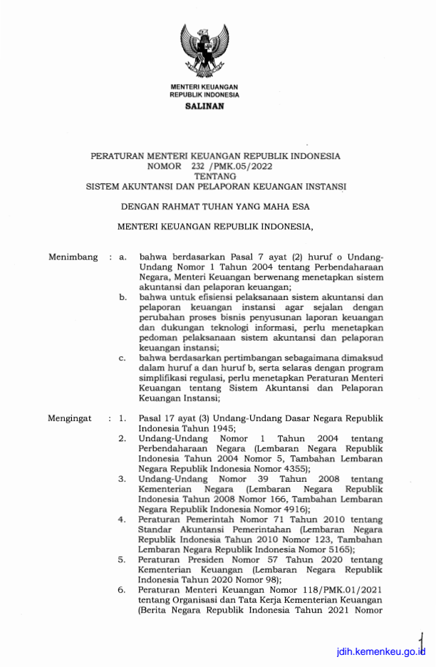 Peraturan Menteri Keuangan Nomor 232/PMK.05/2022