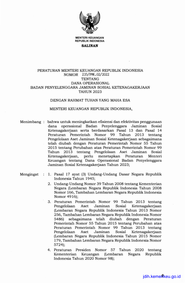 Peraturan Menteri Keuangan Nomor 235/PMK.02/2022