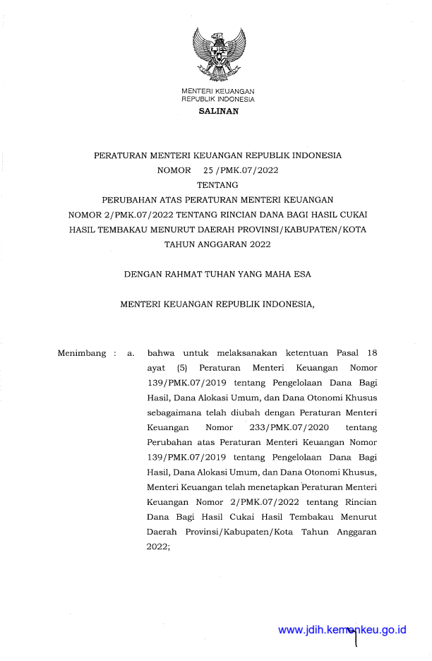 Peraturan Menteri Keuangan Nomor 25/PMK.07/2022