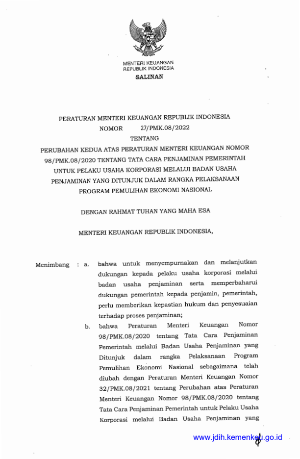 Peraturan Menteri Keuangan Nomor 27/PMK.08/2022