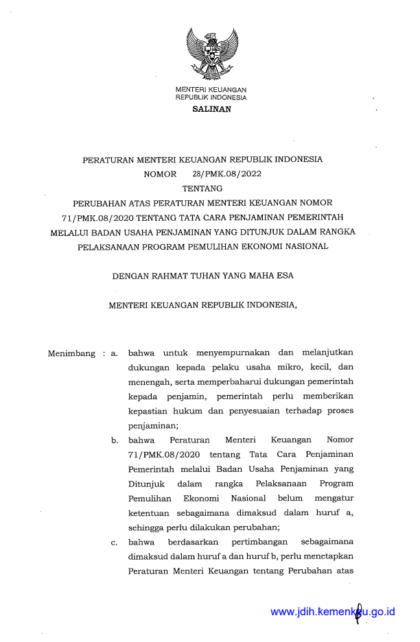 Peraturan Menteri Keuangan Nomor 28/PMK.08/2022