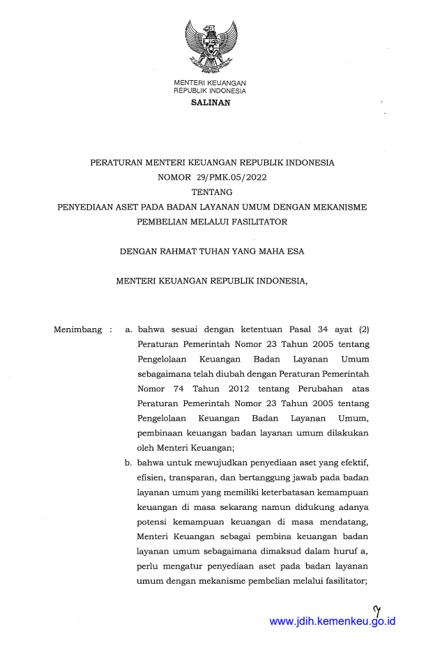 Peraturan Menteri Keuangan Nomor 29/PMK.05/2022