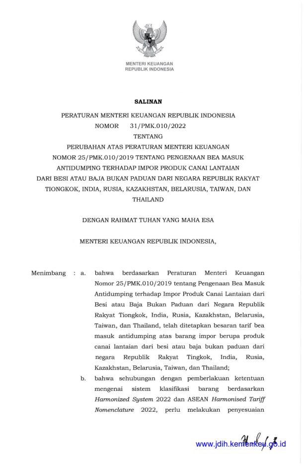 Peraturan Menteri Keuangan Nomor 31/PMK.010/2022