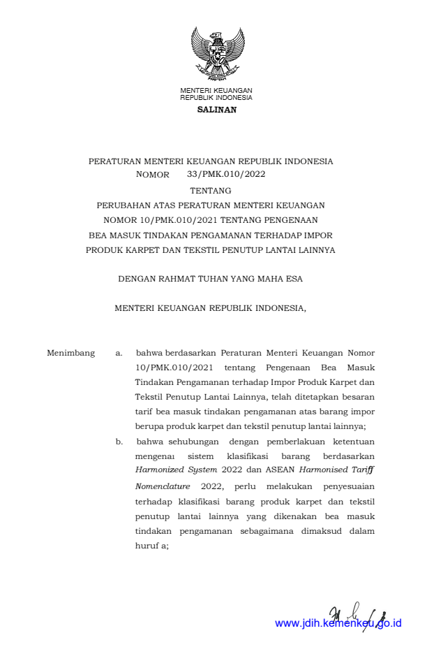 Peraturan Menteri Keuangan Nomor 33/PMK.010/2022