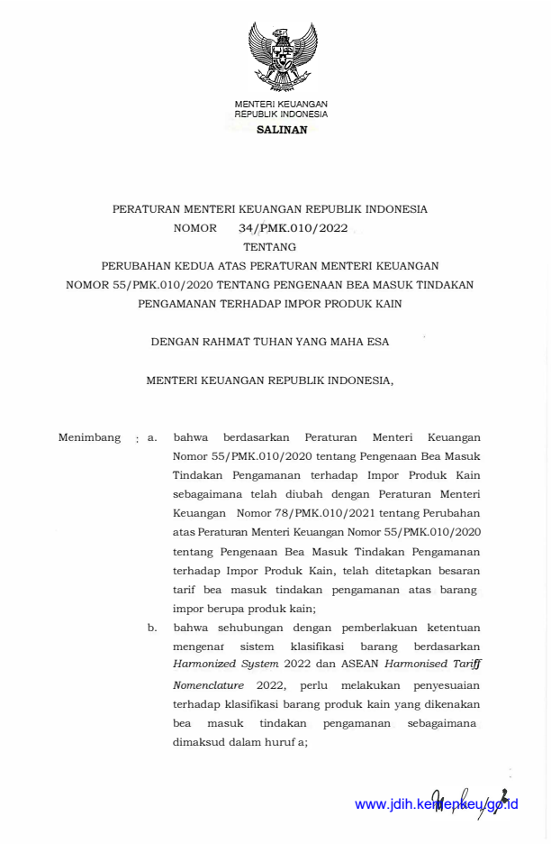 Peraturan Menteri Keuangan Nomor 34/PMK.010/2022