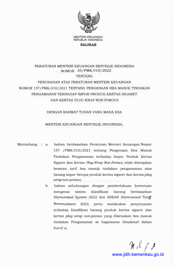 Peraturan Menteri Keuangan Nomor 35/PMK.010/2022