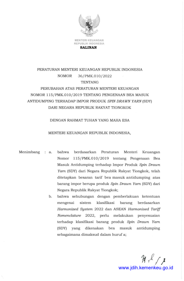 Peraturan Menteri Keuangan Nomor 36/PMK.010/2022