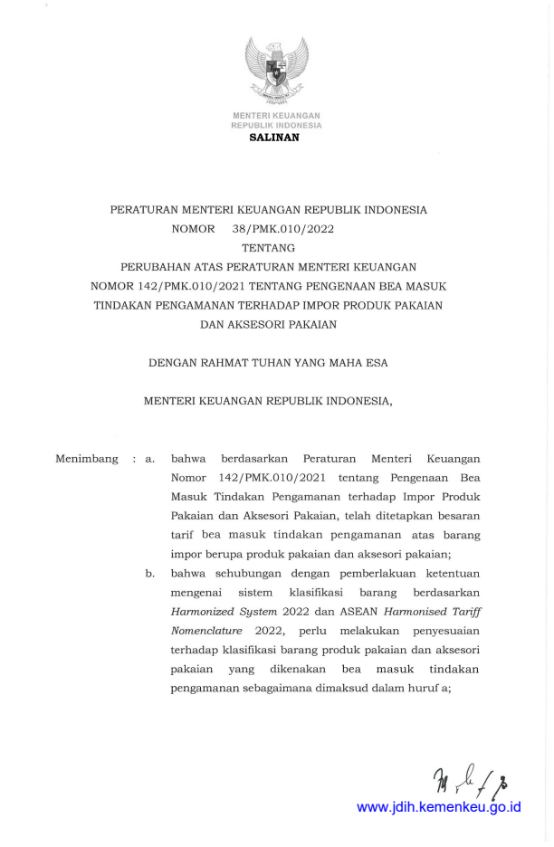 Peraturan Menteri Keuangan Nomor 38/PMK.010/2022