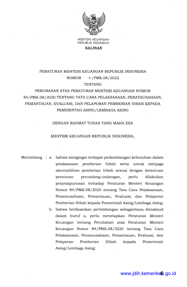 Peraturan Menteri Keuangan Nomor 4/PMK.08/2022