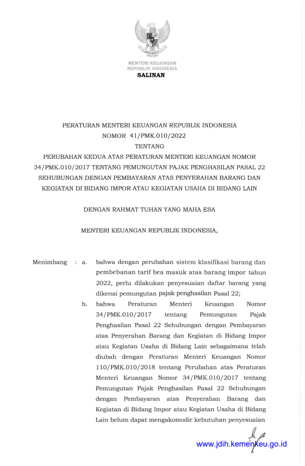 Peraturan Menteri Keuangan Nomor 41/PMK.010/2022