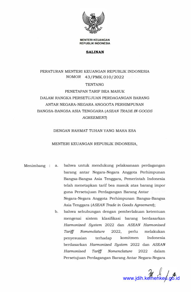 Peraturan Menteri Keuangan Nomor 43/PMK.010/2022