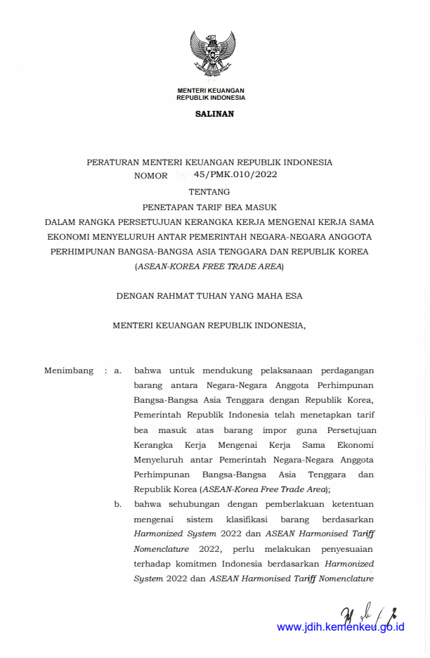 Peraturan Menteri Keuangan Nomor 45/PMK.010/2022