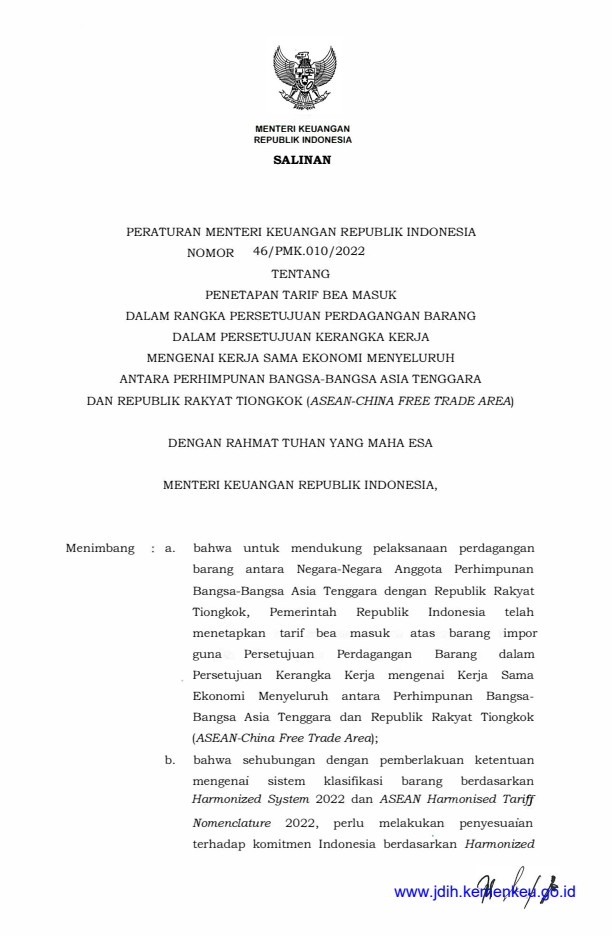 Peraturan Menteri Keuangan Nomor 46/PMK.010/2022