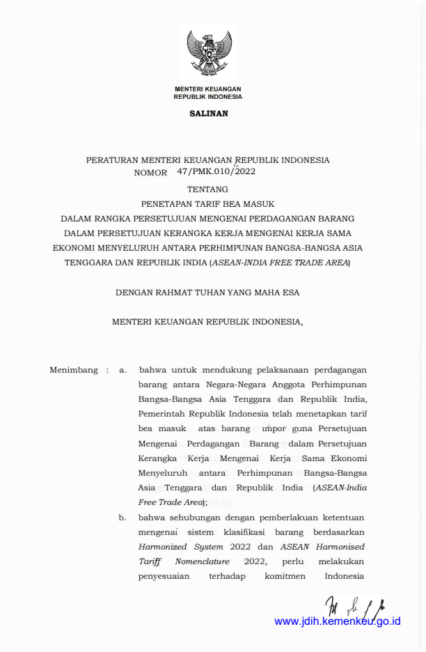 Peraturan Menteri Keuangan Nomor 47/PMK.010/2022