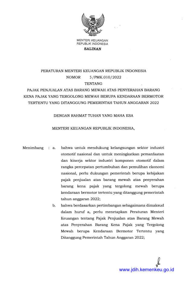 Peraturan Menteri Keuangan Nomor 5/PMK.010/2022