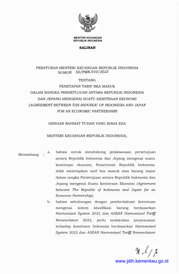 Peraturan Menteri Keuangan Nomor 50/PMK.010/2022
