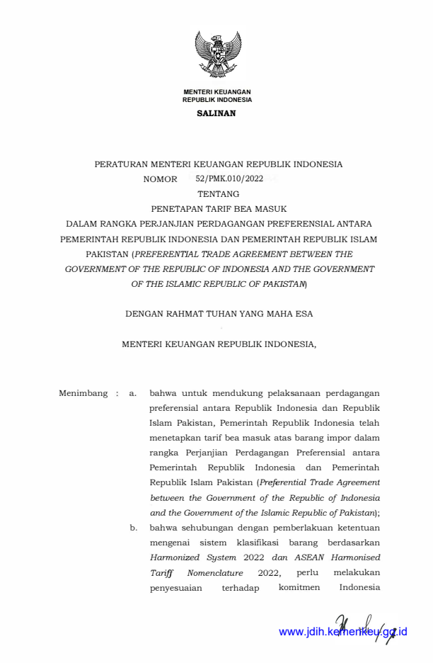 Peraturan Menteri Keuangan Nomor 52/PMK.010/2022
