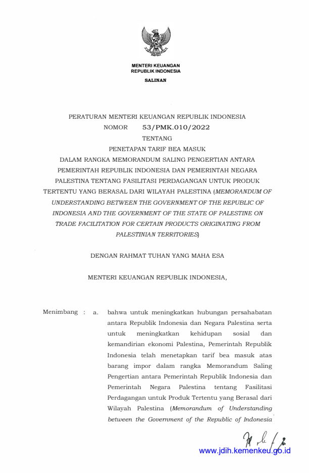 Peraturan Menteri Keuangan Nomor 53/PMK.010/2022