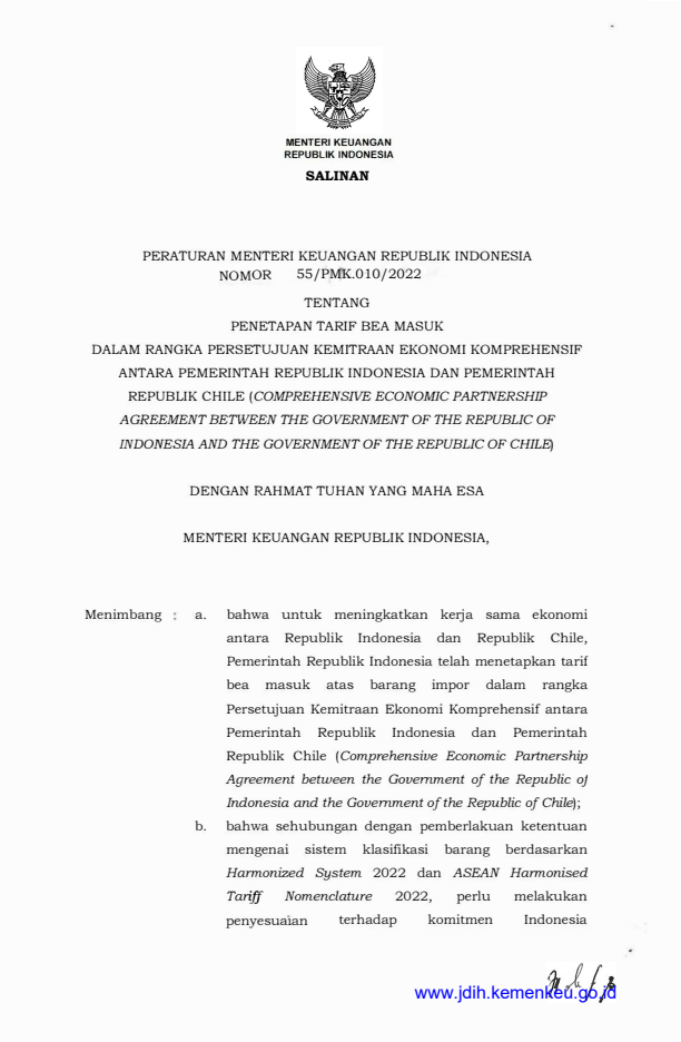 Peraturan Menteri Keuangan Nomor 55/PMK.010/2022