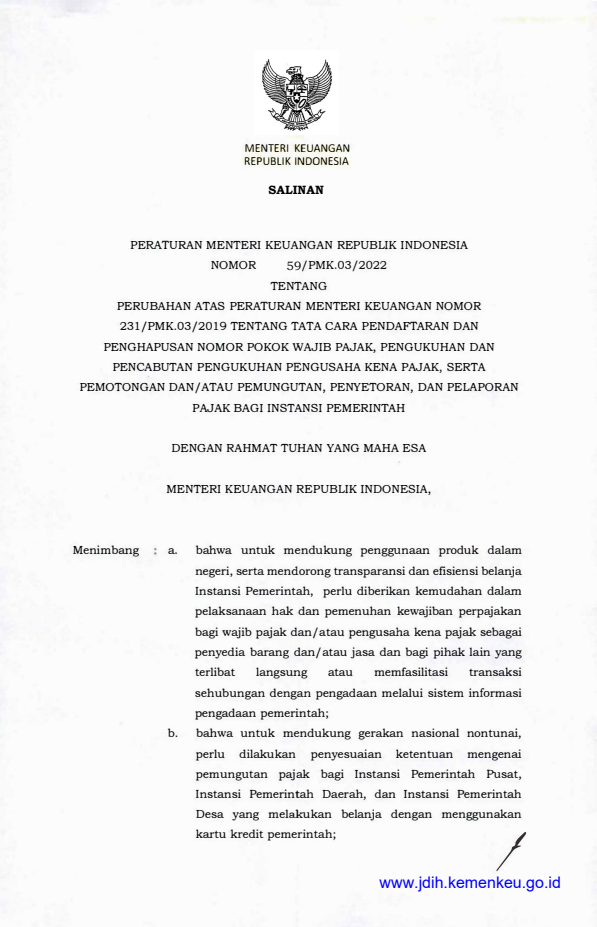 Peraturan Menteri Keuangan Nomor 59/PMK.03/2022