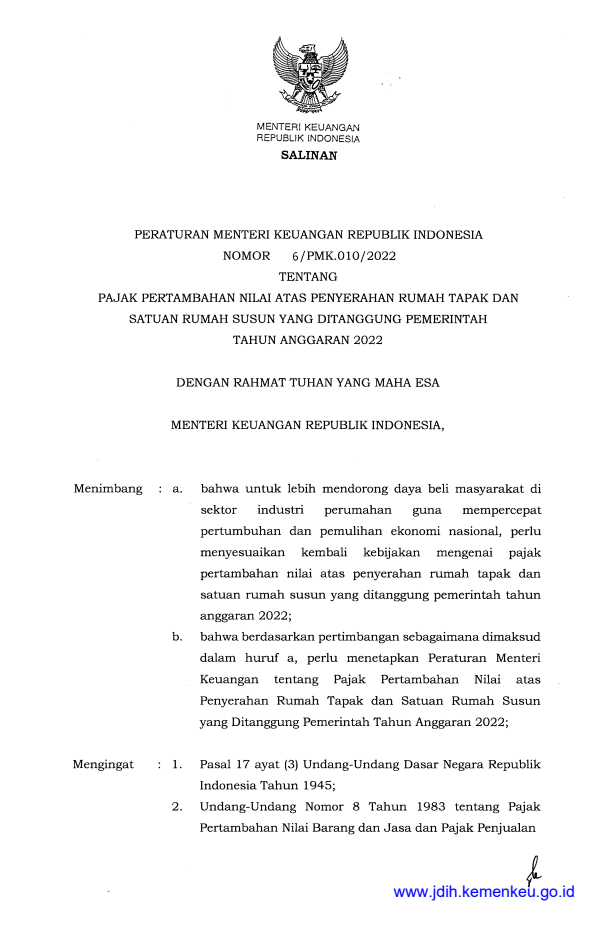 Peraturan Menteri Keuangan Nomor 6/PMK.010/2022