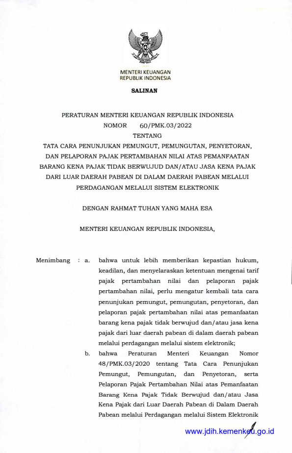 Peraturan Menteri Keuangan Nomor 60/PMK.03/2022