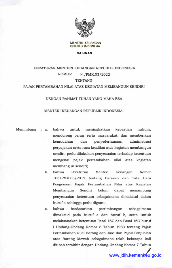 Peraturan Menteri Keuangan Nomor 61/PMK.03/2022