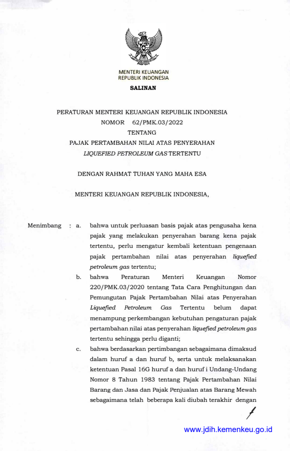 Peraturan Menteri Keuangan Nomor 62/PMK.03/2022