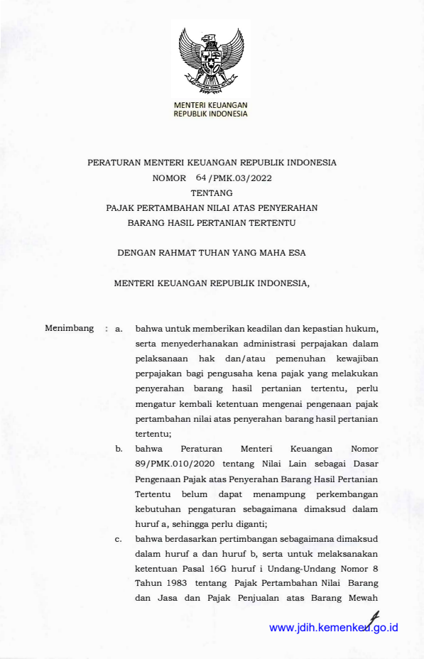 Peraturan Menteri Keuangan Nomor 64/PMK.03/2022