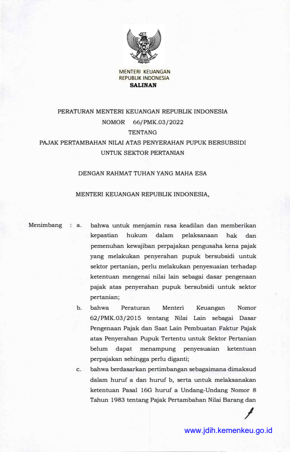 Peraturan Menteri Keuangan Nomor 66/PMK.03/2022