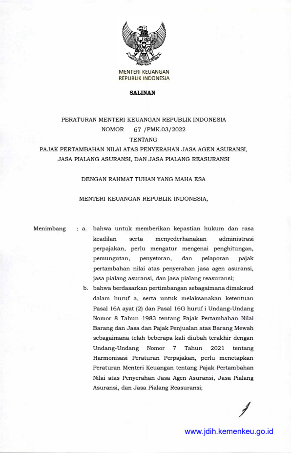 Peraturan Menteri Keuangan Nomor 67/PMK.03/2022