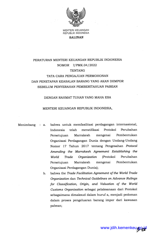 Peraturan Menteri Keuangan Nomor 7/PMK.04/2022