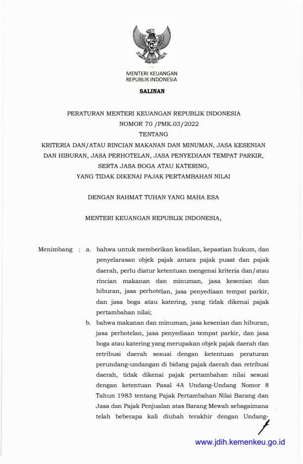 Peraturan Menteri Keuangan Nomor 70/PMK.03/2022