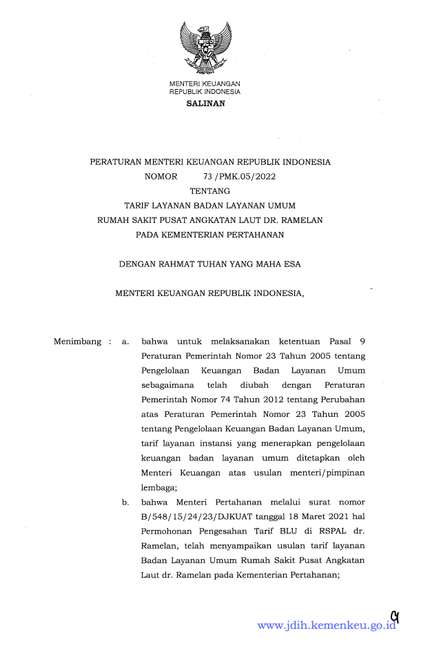 Peraturan Menteri Keuangan Nomor 73/PMK.05/2022