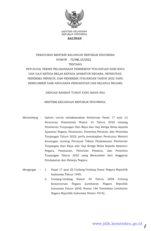 Peraturan Menteri Keuangan Nomor 75/PMK.05/2022