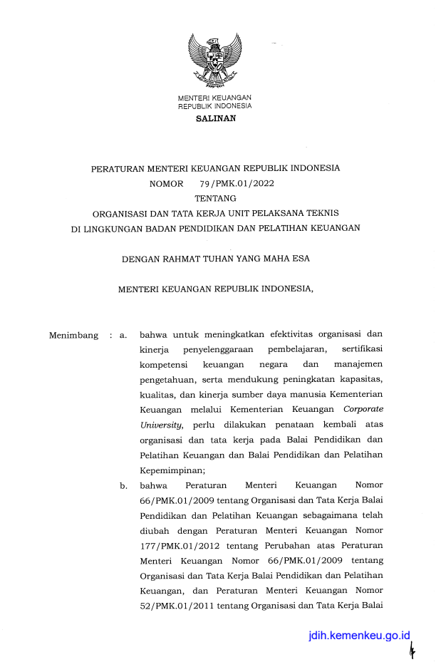 Peraturan Menteri Keuangan Nomor 79/PMK.01/2022