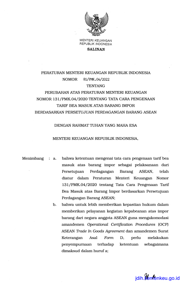 Peraturan Menteri Keuangan Nomor 81/PMK.04/2022