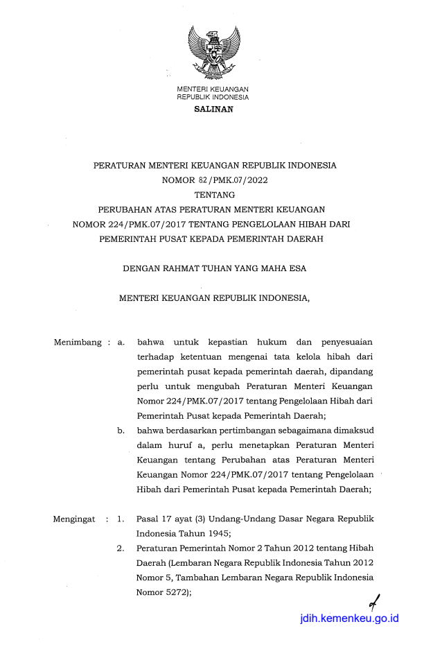 Peraturan Menteri Keuangan Nomor 82/PMK.07/2022