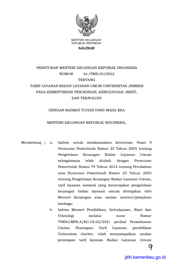 Peraturan Menteri Keuangan Nomor 84/PMK.05/2022