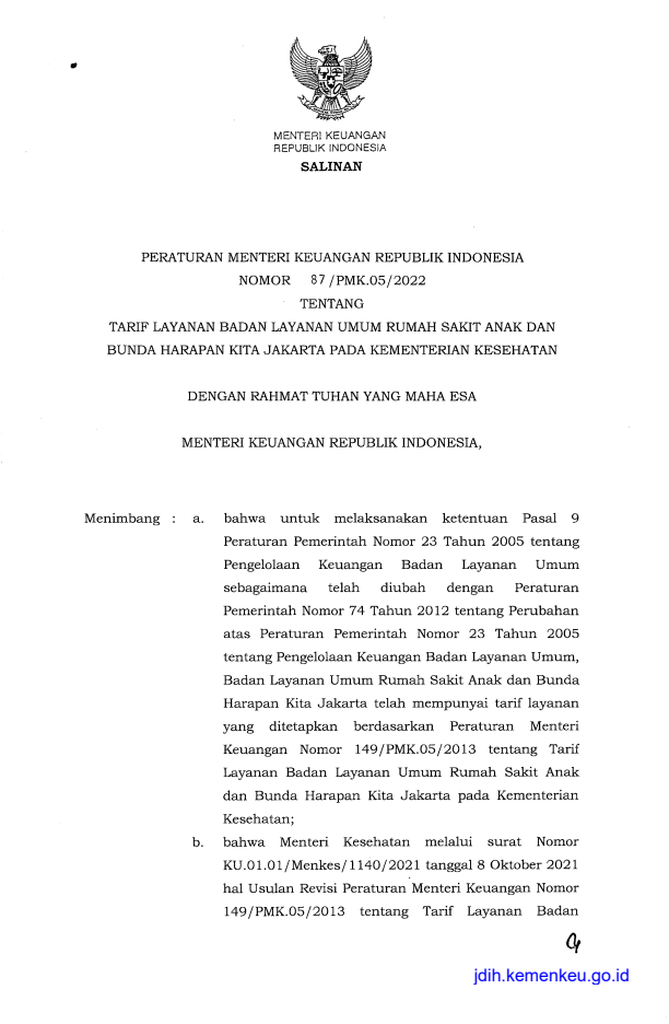 Peraturan Menteri Keuangan Nomor 87/PMK.05/2022