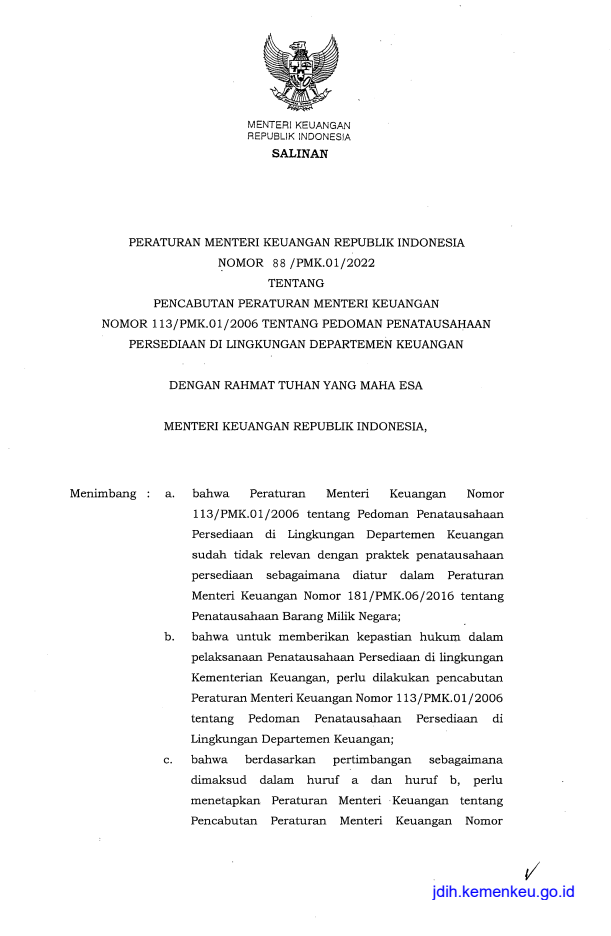 Peraturan Menteri Keuangan Nomor 88/PMK.01/2022