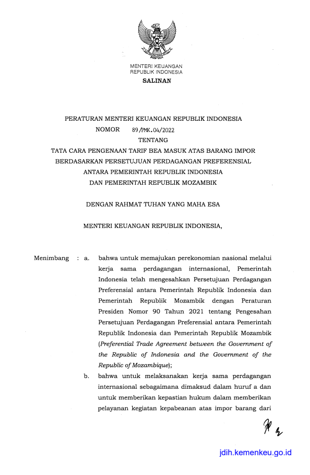 Peraturan Menteri Keuangan Nomor 89/PMK.04/2022