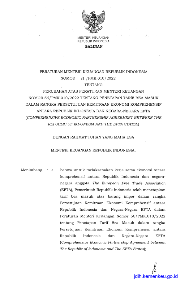 Peraturan Menteri Keuangan Nomor 91/PMK.010/2022