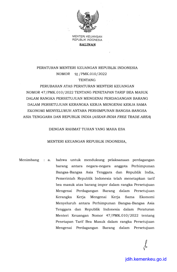 Peraturan Menteri Keuangan Nomor 92/PMK.010/2022