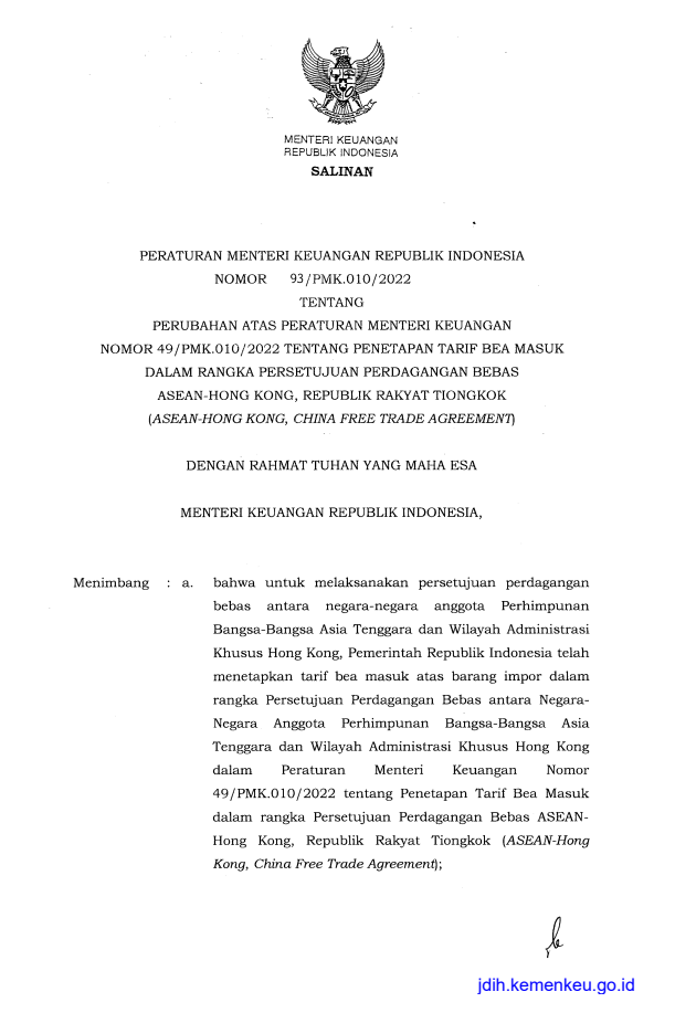 Peraturan Menteri Keuangan Nomor 93/PMK.010/2022