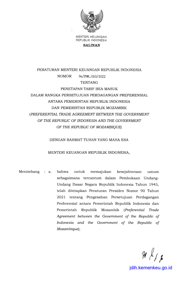 Peraturan Menteri Keuangan Nomor 94/PMK.010/2022