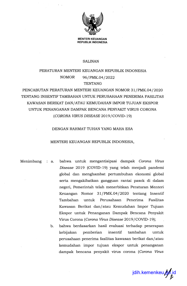 Peraturan Menteri Keuangan Nomor 96/PMK.04/2022