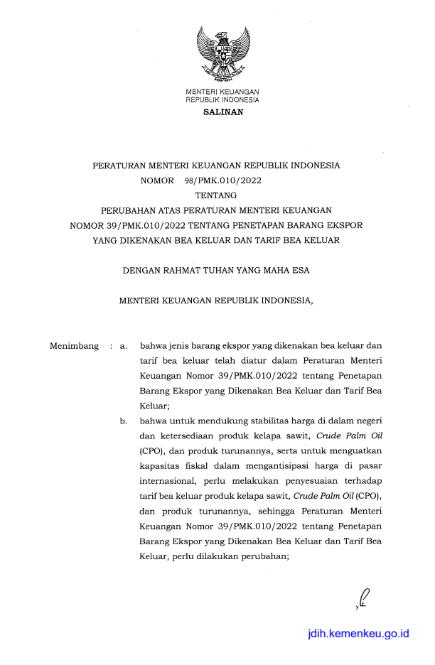 Peraturan Menteri Keuangan Nomor 98/PMK.010/2022